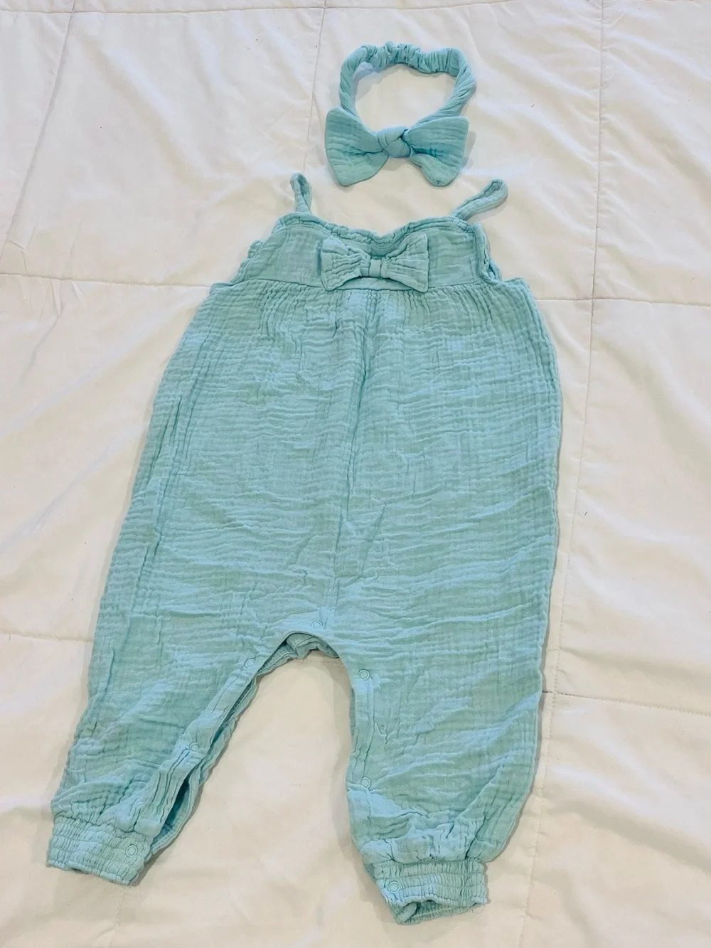 Emily & Oliver Girls Romper Onesie & Headband 18 Months Guaze 100% Cotton Aqua